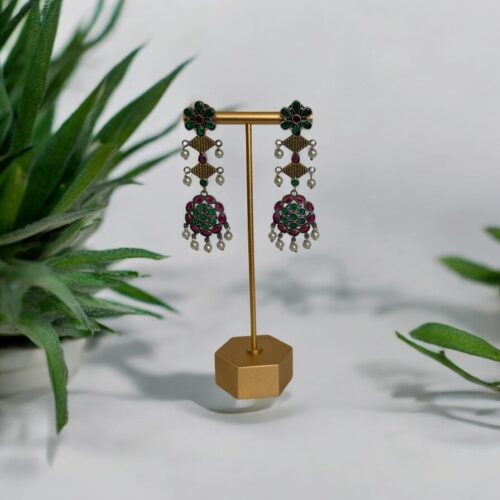 Bloom Dangler Earrings - Green and Red