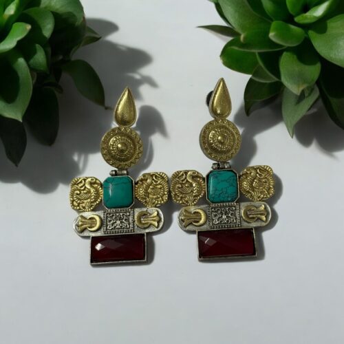 Regal Tanjore Earrings - Turquoise & Red