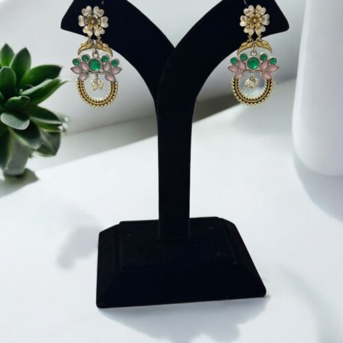 Varnika Floral Earrings - Pink & Emerald